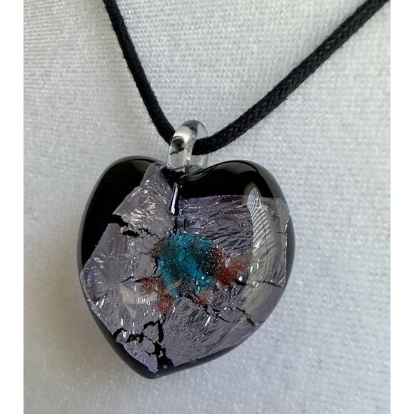 Art Glass Heart Pendant On Cord Dichroic Handcrafted Fused Lampwork 1.5” - Picture 12 of 16